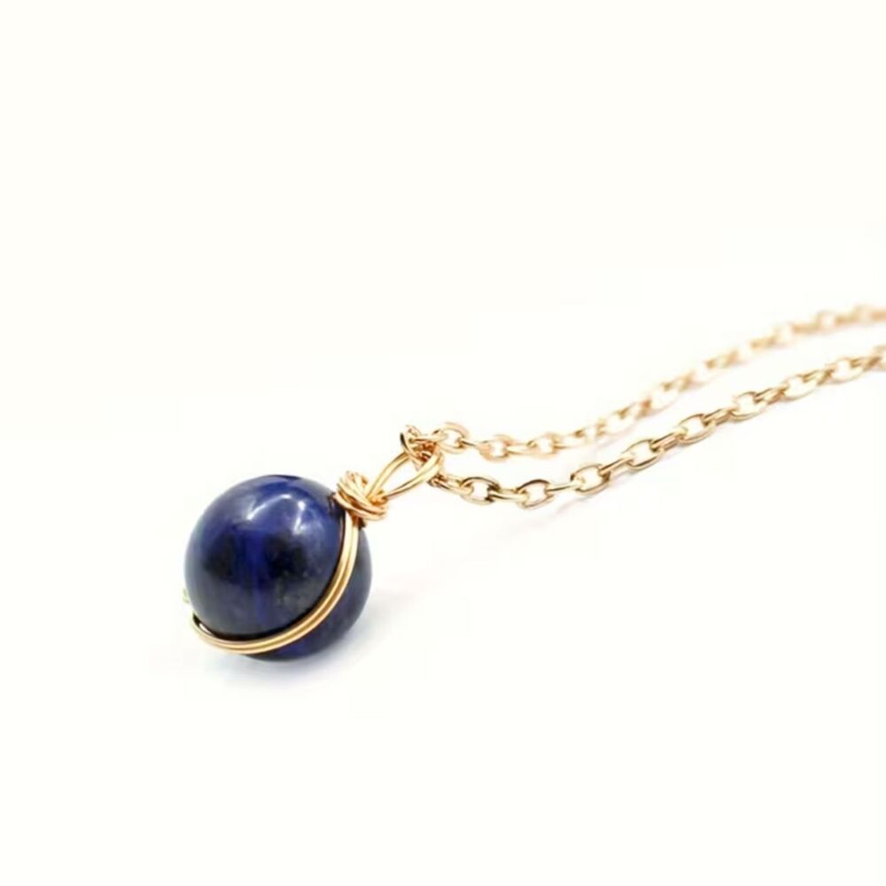 Natural 12mm Lapis Luzuli Bead Pendant Gemstone Necklace Gold Blue Charm Crystal